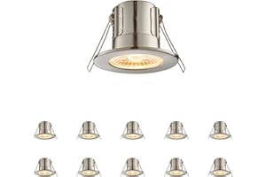 NATIONAL LIGHTING Fire Rated Downlights, Brushed Chrome Slimline Bathroom/Shower IP65 Waterproof Ceiling Lights, LED Warm White 3000K, 4W 500 Lumens, 60 Degree Beam Angle, Long-Life 30,000 Hours - Pack of 10