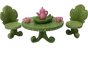 GlitZGlam Ensemble Meubles de Jardin Féérique: Ensemble Bistrot en Forme de Feuille avec Service à Thé pour Les Fées et Nains de Jardin