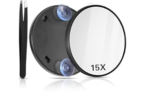AOZUO Specchio ingranditore per il trucco, specchio portatile da viaggio per il trucco, specchio rotondo con ingrandimento 15x, con 2 ventose e kit di pinzette, per donne e uomini, per rimozione di