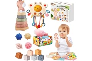 JOKSNK Jouet Bebe 6 Mois-3 Ans, 5 in 1 Montessori Jeux Bébé Eveil, Crabe Jouet, Tour Souple Empilable, Boîte à Tissus Bebe, Balles Sensorielles, Jouets sensoriels pour Fille Garçon 6 9 12 Mois