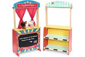 Rundad Wooden Puppet Theater Bonus 2 Hand Puppet, Double-Sided Lemonade Stand & Puppet Show Theater for Kids, Wood Deluxe Children Puppet Theatre Toy with Chalkboard