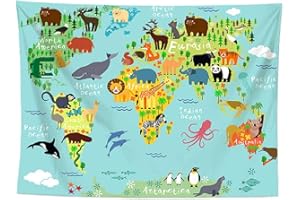 izielad Carte Tapisserie pour Enfants Monuments Animaux éducatifs Carte du Monde tenture Murale pour Chambre Salon dortoir 180X230CM 70.8X90.5IN