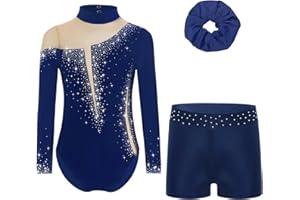 RUNQHUI Enfant Fille Justaucorps de Gymnastique Short Strass Brillant Ensemble Tenue Patinage Artistique Danse Spectacle