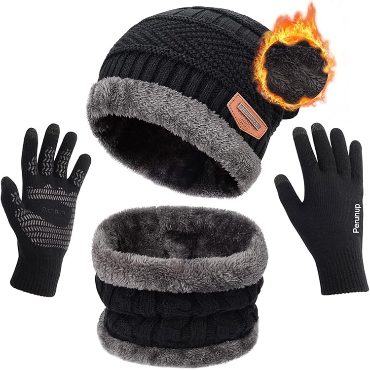 3er Set Mütze Schal Handschuhe Unisex - Thermo Strick Set Mit Touchscreen Handschuhen