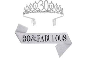 SUSSURRO "30 and Fabulous Sash and Rhinestone Tiara Set,30th Birthday Gifts Birthday Sash for Women Birthday Party Supplies( Silver)