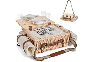 SATISINSIDE Multifunktionales Picknickkorb-Set aus Weidengeflecht für 4 Personen mit Decke und Picknicktisch, isoliertes Picknick-Set mit vollem Geschirr für Camping, Outdoor-Paare, Natur
