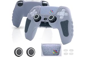 Meyaar for PS5 Controller Cover Case, Anti-Slip Silicone Cover Skin Compatible with PS5 Dual Sense Controller with Thumb Grip Caps, Controller Sticker (Light Grey Anniversary)