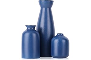 QIANLING Juego de jarrones de cerámica azul – 3 jarrones azul marino, jarrones azules de granja, decoración del hogar, decoración de sala de estar, decoración de mesa, decoración de chimenea y decor de entrada
