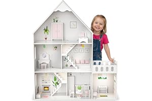 Barbie Puppenhaus Holz groß 118 cm – Kinderplay 3-stöckiges Puppenhaus für Kinder mit Möbeln, LED Licht, Aufklebern und Zubehör – Modernes Holz Spielhaus Geschenk ab 3 Jahre