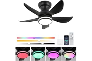 FRIXCHUR 30" Ceiling Fans with Lights and Remote, Black Low Profile Flush Mount Ceiling Fans with 5 Reversible Blades 6 Speeds, 3 Colors Dimmable+Ring Lights for Bedroom Living Room