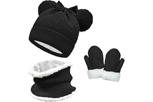 crazy bean Bonnet Echarpe et Gants pour Enfant Chaud Hiver Tour de Cou et Moufle Fille Garçon Bonnet en Tricot avec Double Pompon Fourrure Ensemble de 3 Pièces