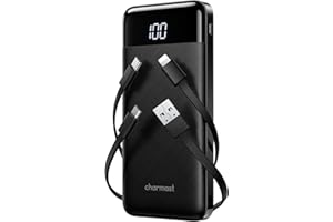Charmast Power Bank 10000mAh con Cavi Integrati,Caricatore Portatile USB C 5V/3A Powerbank LED Display con 6 Uscite e 3 ingressi per iPhone Samsung Huawei Xiaomi