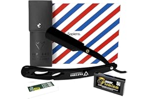 Sapiens Barber Shop Rasoir Homme - Rasoir Coupe Choux Barbe à Lame Interchangeable - Rasoir Barbier + 10 Lames de Rasoir Derby (20 Lames de rasoir simples) + Pochette de Transport - Straight Razor