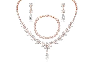 CERSLIMO Bridal Jewellery Sets, White Gold Rose Gold 9ct Gold Plated Silver 925 Zirconia Bracelet Necklace Earring Set Bridal Jewellery for Wedding with Gift Box for Women Bride