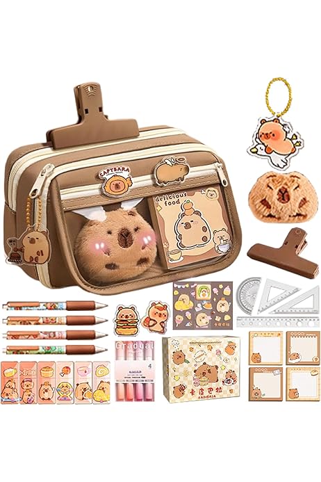 Trousse Scolaire Capybara - 9 Compartiments - Avec Peluche Et Accessoires - Fourre-Tout Kawaii Pour Fille/Garçon