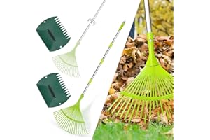 Hortem Garden Leaf Rake Set, Telescopic Rake Gardening, include 24-Teeth Aluminum Lawn Rake and Lightweight Garden Yard Leaf Scoops (Green)
