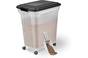 Iris Ohyama, Pudełko, Pojemnik na granulki, Plastikowa karma z pokrywką, kółkami i łopatą, S46 x G 34 x W 50,5 cm, hermetyczne, bez BPA, dla psów i kotów, ATS-L, czarny