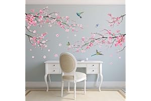Amimagen Pink Watercolor Cherry Blossom Wall Stickers - Tree Branch Flower Birds Wall Decals - Bedroom Living Room Sofa TV Background Home Wall Decor