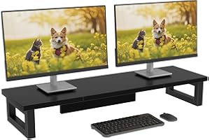 OYRREU Supporto per doppio monitor, 91 x 26 cm, ripiano per scrivania, doppio supporto per monitor, per laptop, PC, computer, monitor, organizer da scrivania per lavoro, nero