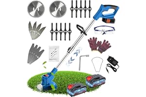 Wrneaoch 21V Metal Blade Strimmer Cordless Grass Trimmer, Cordless Strimmer with 4 Types of Blades and 2 Pieces 2Ah Li-ion Battery and Charger, Lawn Edger Tool for Trimming Grass Weed