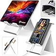 Tukzer Foldable Tablet & Mobile Stand Holder with Telescopic Height & Multi-Angle Adjustment| Anti-Slip Silicone Surface, Charging Slot| For Up to 12 Inch Screen iPad Tab, Smartphones, Kindle (Silver)