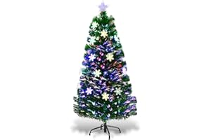 DREAMADE Sapin de Noël Artificiel 90CM/120CM/150CM/180CM avec 12/18/24/28 Lampes à LED, Arbre de Noël en PVC avec Flocon de Neige, Etoile au Sommet d’Arbre et Pieds en Fer, Vert (120cm)