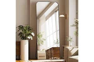 ‎KOONMI Koonmi Top Gebogene Ecken Standspiegel 76x171 cm, Ganzkörperspiegel bruchsicher Boden Körper Spiegel in voller Länge Modern Wundervoll für Wohnzimmer Schlafzimmer Flur, Schwarz