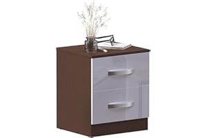 VIDA DESIGNS Marchio Amazon - Movian Lucido 2 Cassetti Comodino, Bianca e Noce, 47 x 40 x 36 cm