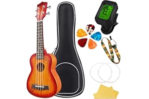 Yumzeco Sopran Ukulele Kit für Kinder Erwachsene Anfänger Ukulele Zubehör Kit mit 5 Ukulelen Plektren Tasche Stimmgerät Ukulelenriemen 2 Set Saiten Nylon Reinigungstuch für Kleine Hawaii Gitarre