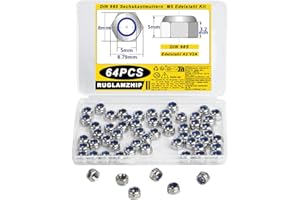 RUGLAMZHIP M5 Nylock Nuts - Stainless Steel Hex Lock Nuts, Self-locking, DIN 985 Assortment (64 Pcs)