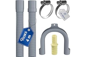 VIOKS Set Flexibler Abwasserschlauch Spülmaschine 4 Meter 19/22mmØ + 2x Klemmen Schlauchschellen Edelstahl 18-28mmØ + 1x Schlauch Verbindungsstück + 1x Haltebogen - Ablaufschlauch Waschmaschine Set