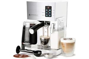 EspressoWorks 10Pc All-in-One Barista Bundle Espresso Machine & Cappuccino Maker, Built in Milk Steam & Frother, Electric Grinder, 2 Cappuccino & 2 Espresso Cups,16 Coffee Stencils (White)