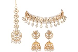 Jwellmart Gold Plated Faux Kundan Pearl Bridal Wedding Choker Necklace Earrings Tika Combo Set Bollywood Party Traditional Fashion Indian Jewelry Jewellery Set for Women