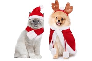 Digiroot Weihnachtskostüm für Katzen Hund, Haustier Weihnachts Kostüm, Warme Weihnachten Hundekostüm katzenkostüm Weihnachtsmann Mütze, Schal, Geweih, Mantel, für Hunde, Katzen, Welpen 1 Set (4 Stück)