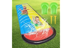 TGKYK Water Slide Mat - 15.7ft/480cm With 2 Bodyboards and Sprinkler, Double Lane for Kids Adults Outdoor Play Activities