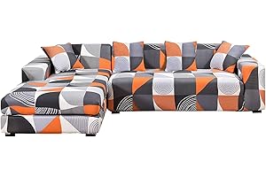 ShowyLive Copridivano Universale con Penisola a Sinistra/Destra per Divani in Poliestere a Forma di L, Copridivano con Penisola Elasticizzato, 3 Posti + 3 Posti, Arancione