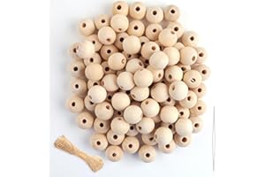 WINKIO Holzkugeln mit Loch 16mm, 120Stück Holzperlen zum Auffädeln, Runde Holzperlen Natur, Unbehandelte Perlen Holz mit Bastelseilen für basteln DIY Schmuck Armband Halskette (NATURAL, 16MM)