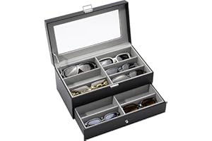ProCase Caja Gafas, Expositor Gafas de Sol, Organizador Sunglasses 12 Compartimentos 2 Capas, Estuches para Gafas, Joyería, Reloj, Guardar Llaves Regalo Ideal para Mujeres Hombres -Negro