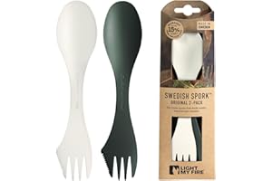 LIGHT MY FIRE Swedish Spork Original - Fourchette Cuillère de Camping - Couvert de Camping 3-en-1 - Couteau et Fourchette-Cuillère réutilisables - Couvert Multi Fonction sans BPA (2pack SageGreen/Cream)