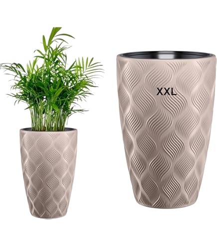KADAX Bloempot met 3D-effect, bloempot van kunststof in 4 kleuren, plantenbak met inzetstuk en praktische handgrepen, kunststof pot, outdoor plantenbak, binnenpot (wit, hoogte: 55,5 cm