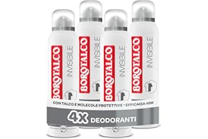 Borotalco, Deodorante Spray Invisibile Grigio, con Talco Effetto Barriera, Cattura e Non Trasferisce Aloni, 48h efficacia, Senza Alcool,Profumo Classico - 4 Pezzi da 150 ml - Esclusiva Amazon