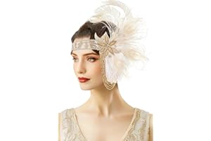 ‎BABEYOND BABEYOND 20er Jahre Gatsby Stirnband - Feder Haarschmuck mit Goldenen Fransen für Karneval, Bälle und Hochzeiten Beige