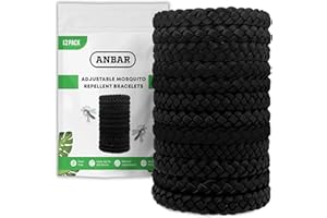 Anbar Leather Mosquito Repellent Bracelets for Adults and Kids, 12 Pack, Deet Free, All-Natural Anti-Mosquito, Tick, and Insect Essential Oils, 300-Hour Waterproof Outdoor Protection (Black)