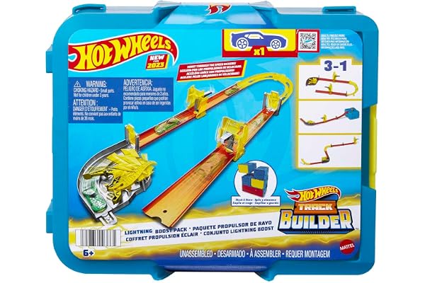 Hot Wheels Coffret Track Builder Éclair avec 1 Voiture, 12 Éléments De Piste, Boîte De Rangement Empilable, Thème De La Foudre, Jouet Enfant, Dès 4 Ans, HMC03