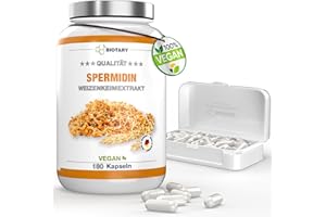 BIOTARY Spermidine - 180 gélules de 606 mg - 4 mg par portion quotidienne - pilulier inclus - qualité supérieure à haute dose - testé en laboratoire - végétalien