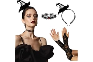 PAPU 3Pcs Halloween Haarreifen mit Kette & Spitze Handschuh,Gothic Haarreif Halloween Kopfschmuck Schwarz Halloween Kostüm Accessoires Damen Haarband Halloween Karneval Fasching Motto Party