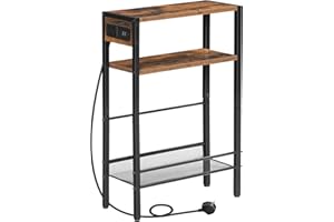 HOOBRO Slim Side Table with Charging Station, Narrow Bedside Table for Small Spaces, 3-Tier End Table with USB Ports and Power Outlet, Rustic Brown and Black EBF102KBZ01