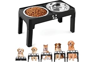Focenat Ciotole per Cani Rialzate Regolabili, 5 Altezze Regolabile, con 2 Ciotole in Acciaio Inox da 1,5L, Supporto Antiscivolo per Ciotola, Pieghevole, Accessori per Cani Piccoli, Medi e Grandi