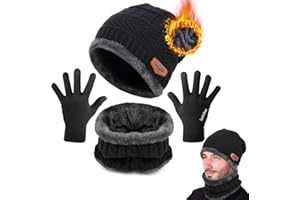 CheChury Berretto Uomo Invernali Beanie in Maglia con Sciarpa Beanie Sciarpa Foderata 3 Pezzo per Uomini Donne Guanti Guanti Touch Screen