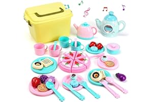 CUTE STONE Juego de té de juguete, juego de té para niños con comida de juego, estuche de transporte y accesorios de fiesta de té, juego de fiesta de té para niños pequeños